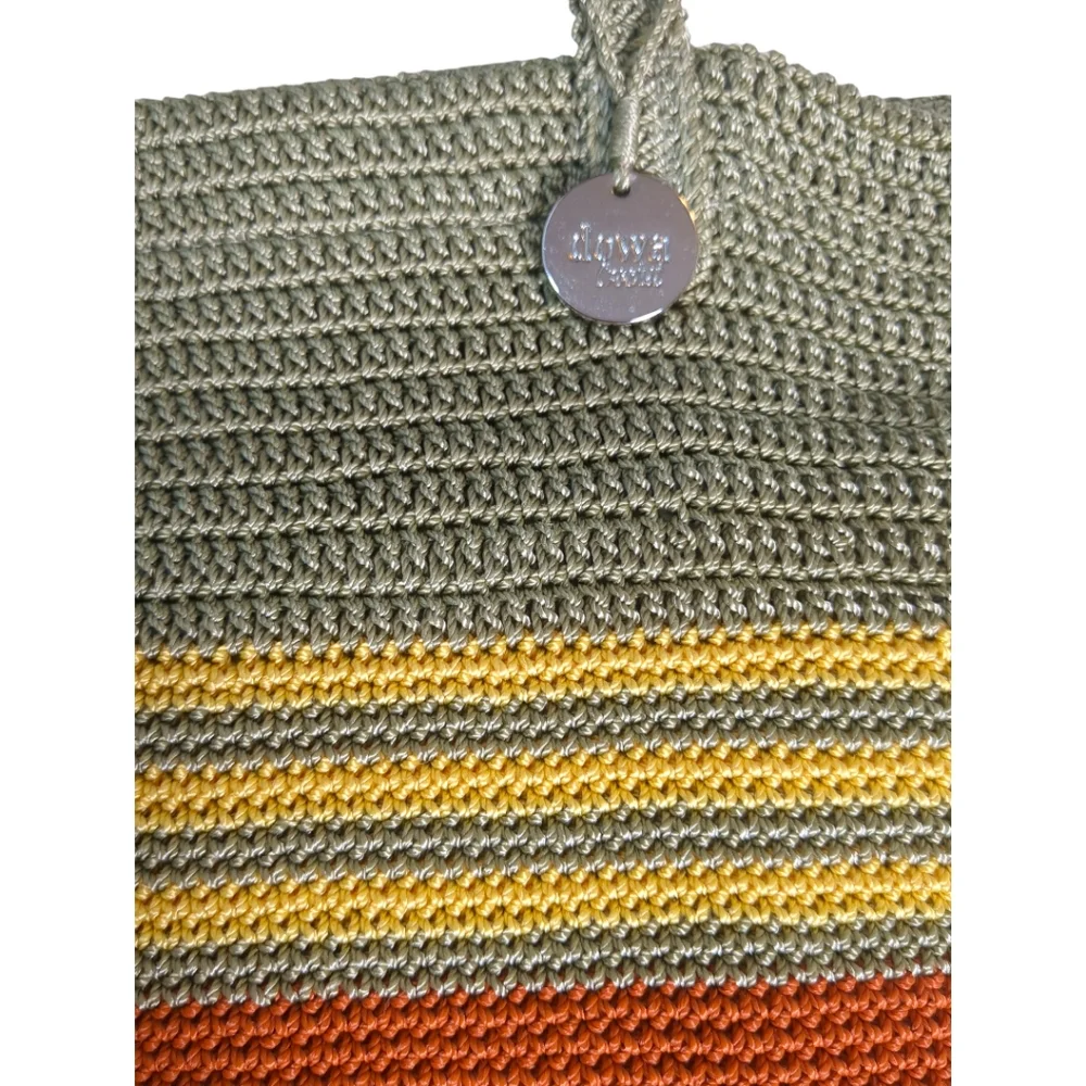 DOWA Summer Crochet Tote Handbag in Earthtones:Olive, Rust & Butter Yellow